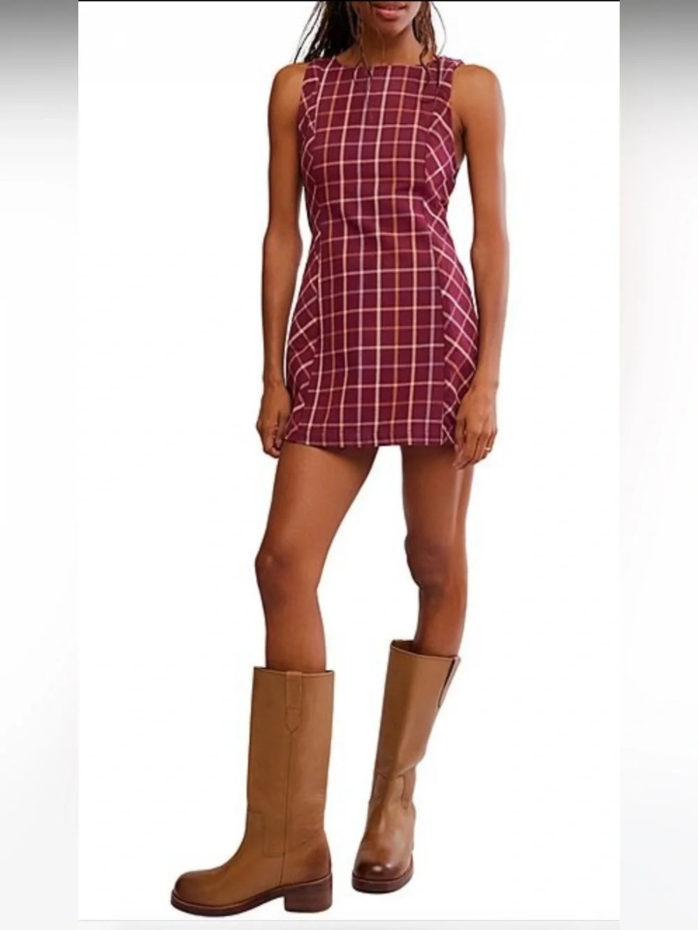 NWT🌷(S) Free People Plaid Printed Boat Neck Sleeveless Back Cut-Out Mini Dress